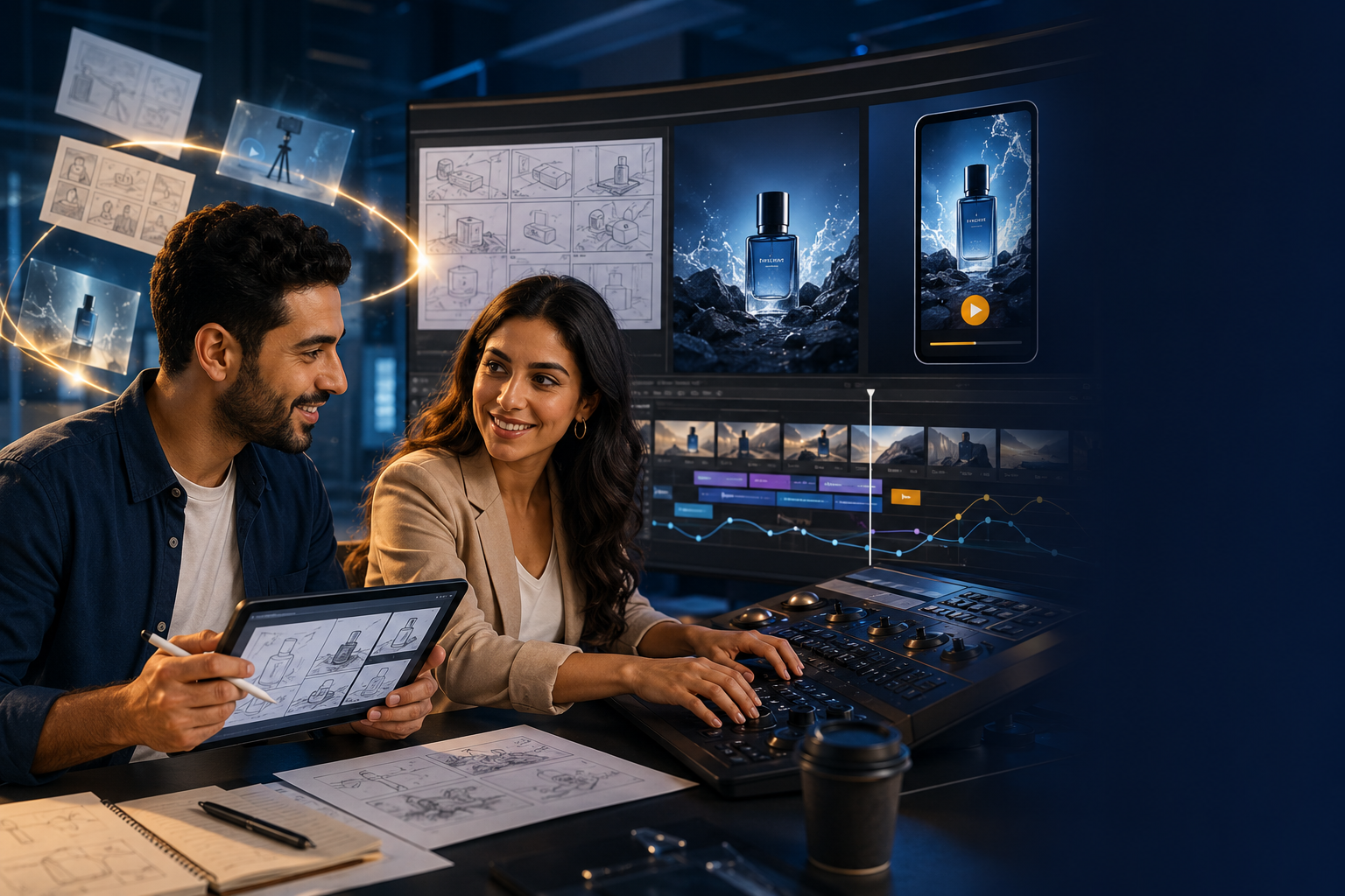 شاب وبنت يعملان معًا على تحويل Storyboard إلى إعلان فيديو بالذكاء الاصطناعي